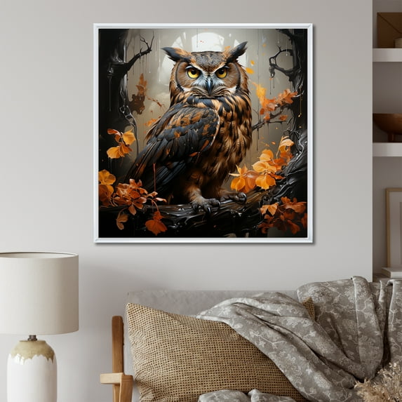 Designart "Silent Guardian Owl II" Animals Framed Wall Art - Traditional Yellow Owl Bedroom Framed Canvas Wall Art