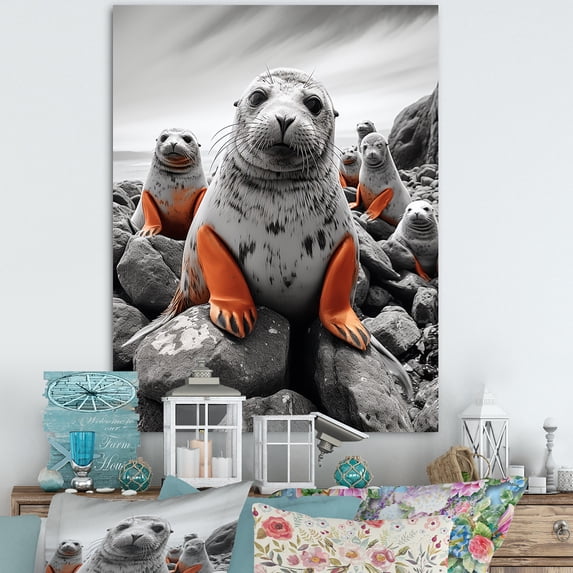 Designart "Silent Guardians Grey Coral Seal" Animals Canvas Print