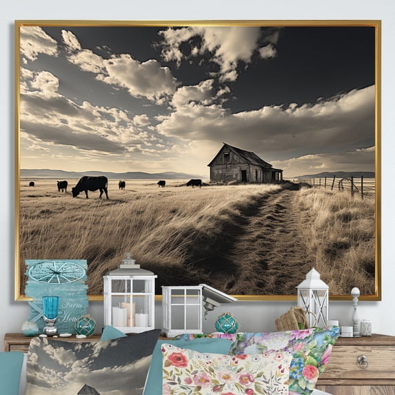 Designart "Silent Horizon with Cattle III" Animals Floater Framed Wall Art Living Room