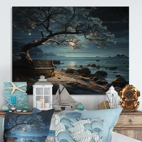 Designart "Silent Night on the Beach I" Nautical & Beach Print on Natural Pine Wood