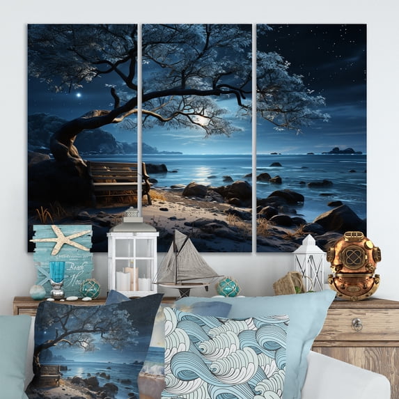 Designart "Silent Night on the Beach I" Nautical & Beach Wall Art Prints Set