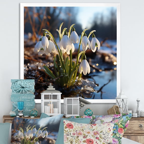 Designart "Silent White Snowdrops in Morning Hush IV" Floral Framed Wall Art Decor - Traditional White Snowdrops Entryway Framed Wall Art