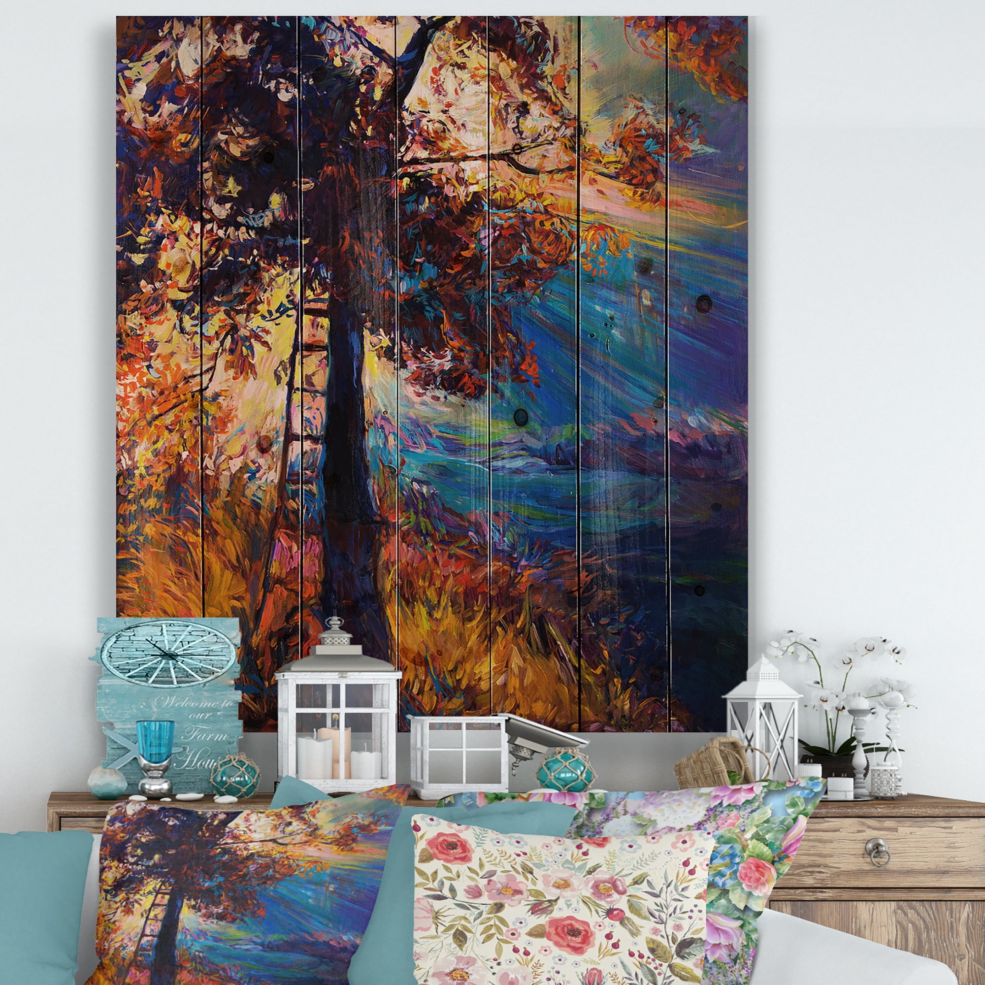 Designart 'Silhouette Of Autumn Tree In The Sunset Glow' Traditional Print on Natural Pine Wood