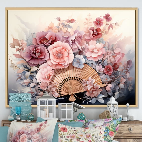 Designart "Silk Fans China Art painting" Chinese Floater Framed Wall Art Print