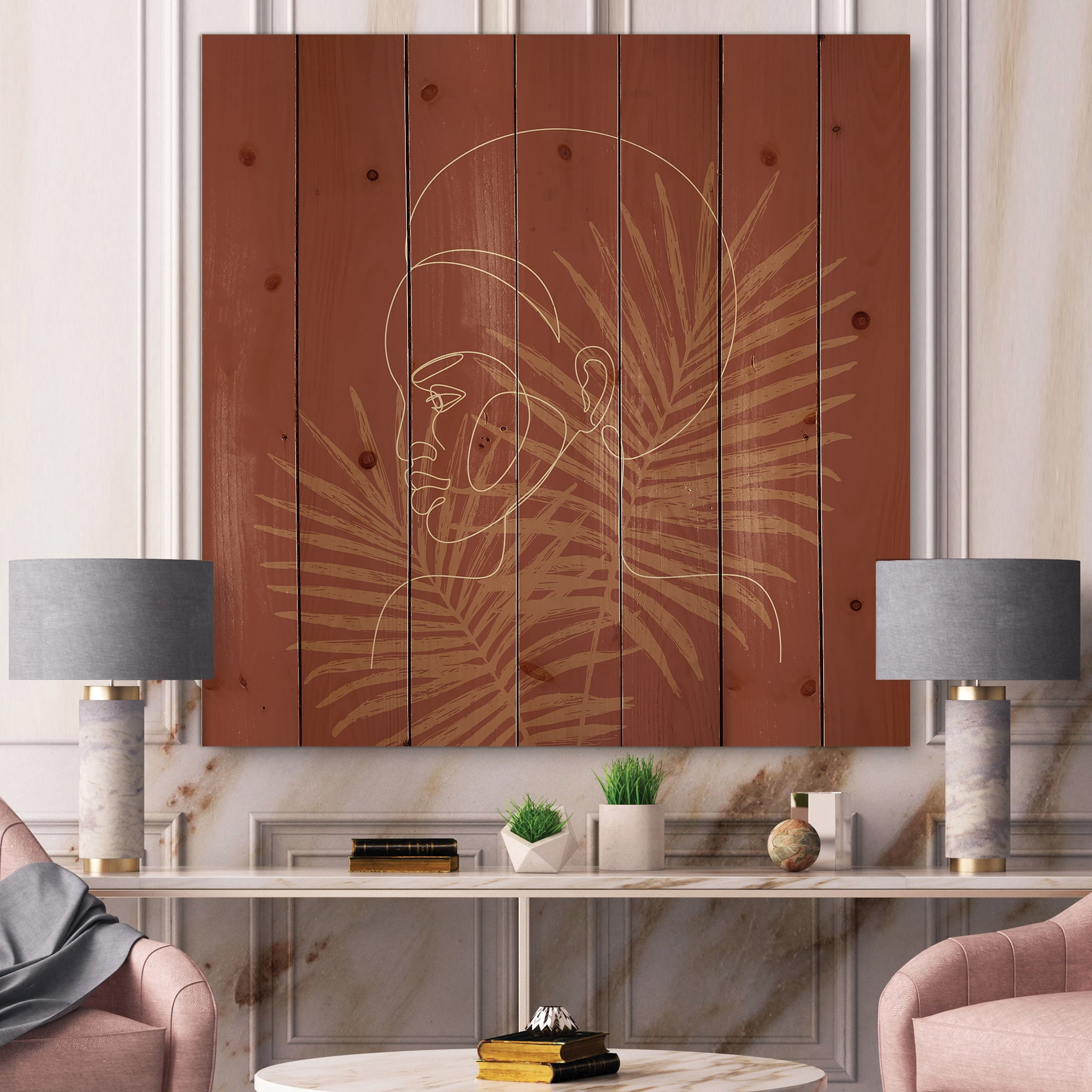Designart 'Sillhouette of Afro American Woman on Palm Leaves' Modern Print on Natural Pine Wood