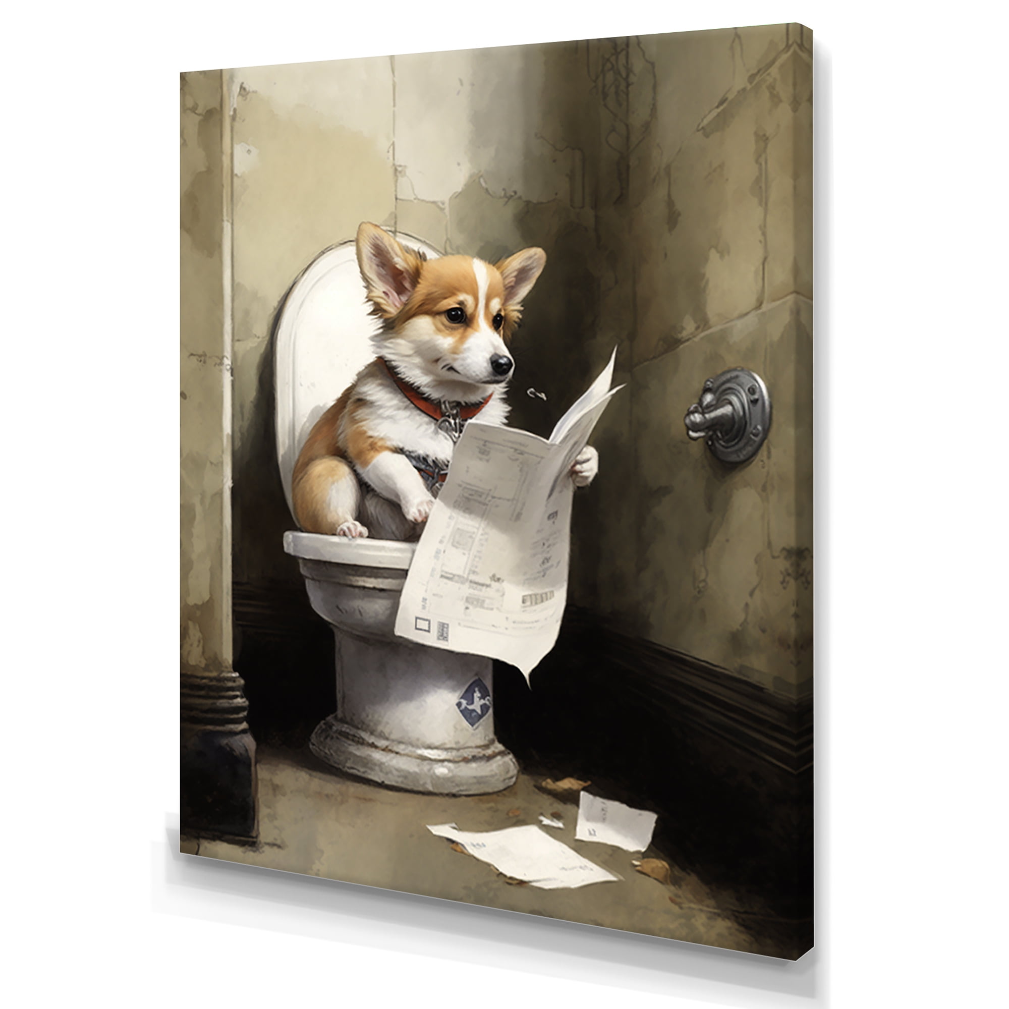 Designart Silly Corgi Reading News On Toilet Canvas Wall Art