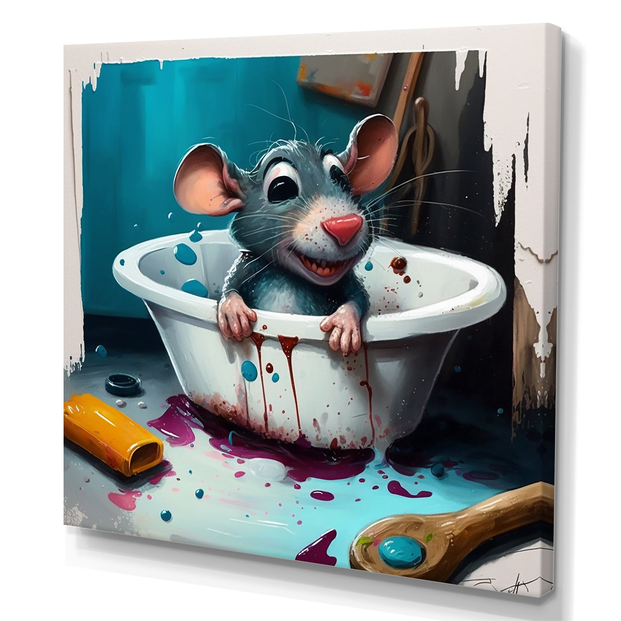 Designart Silly Mouse Enjoying His Bath Canvas Wall Art