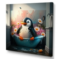 Designart Silly Penguin Bathing With Blooming Flowers I Canvas Wall Art
