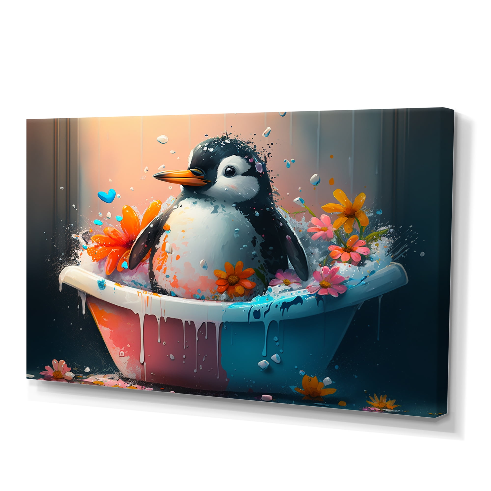 Designart Silly Penguin Bathing With Blooming Flowers II Canvas Wall Art