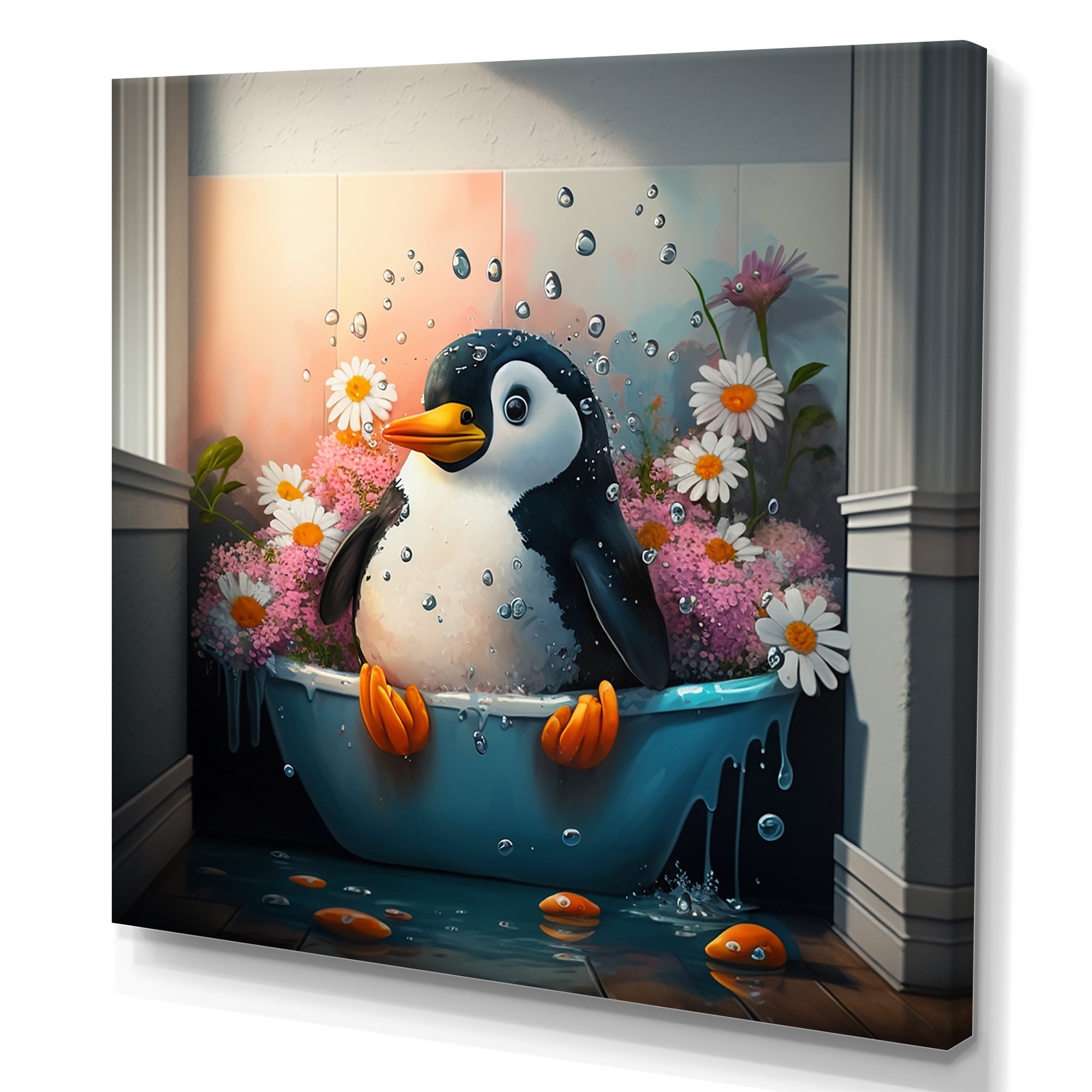 Designart Silly Penguin Bathing With Blooming Flowers III Canvas Wall Art