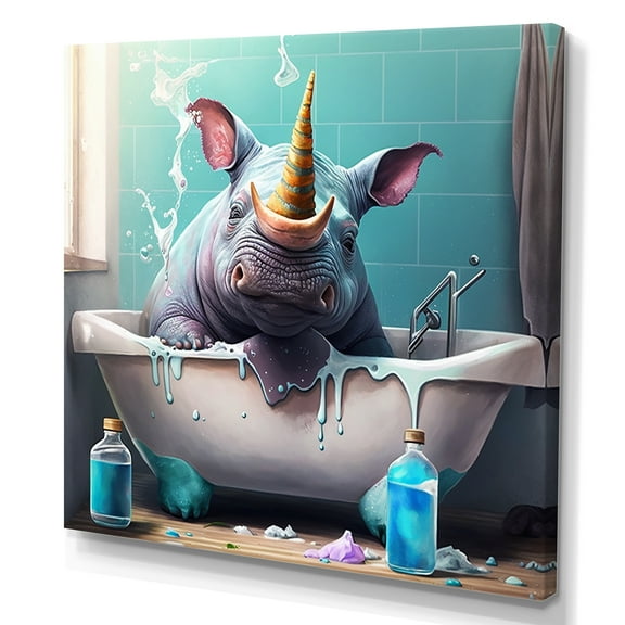 Designart Silly Rhino Enjoying Bath Time I Canvas Wall Art