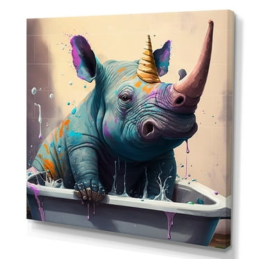 Designart Silly Rhino Enjoying Bath Time II Canvas Wall Art