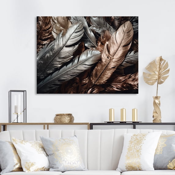 Designart "Silver And Rosegold Expressions Of Freedom" Boho Feather Wall Art For Kitchen