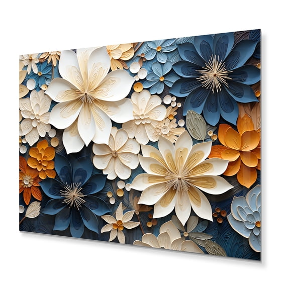 Designart "Silver Aqua Floral Tiles" Abstract Botanicals Metal Art Living Room