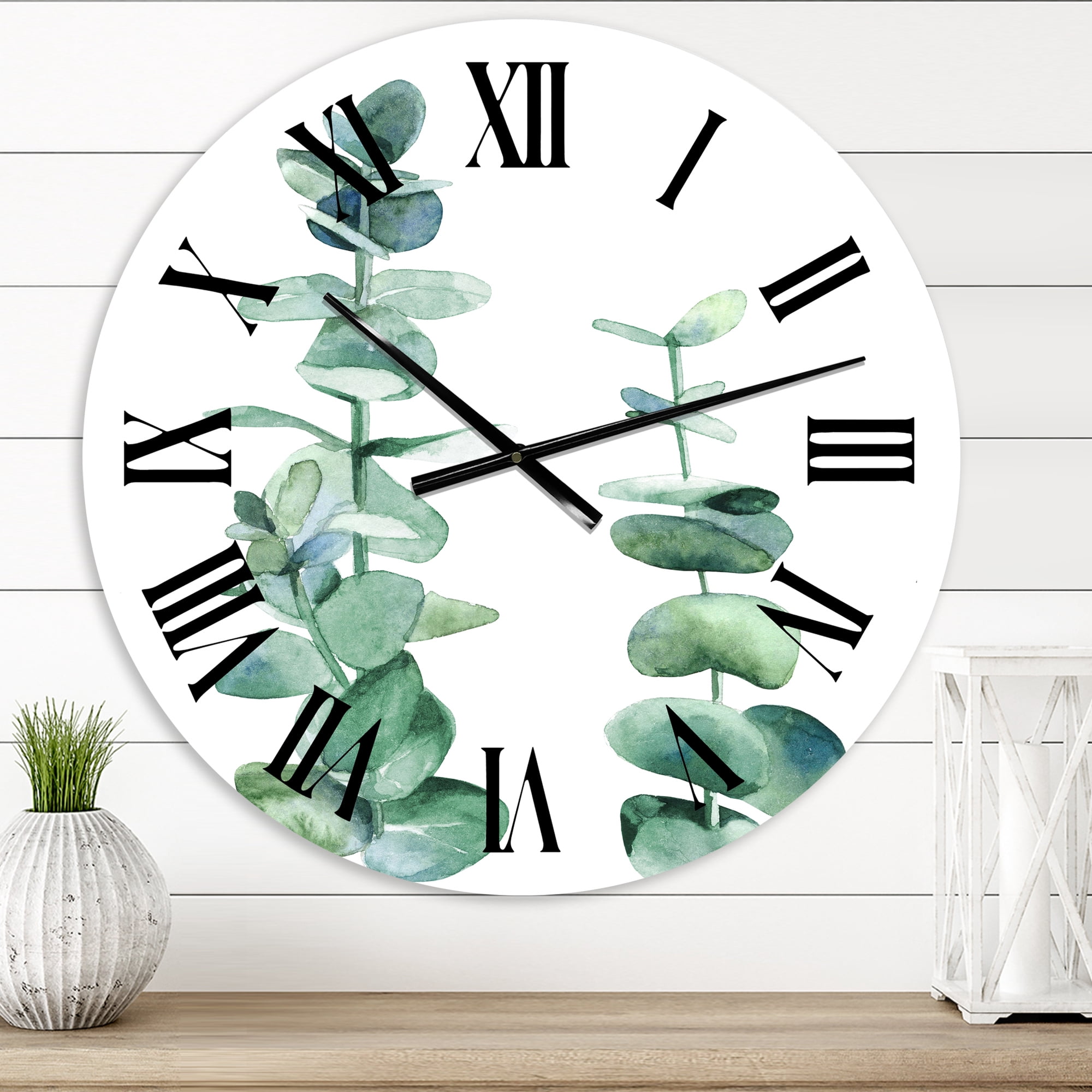 Designart 'Silver Blue Eucalyptus Branch' Tropical Wall Clock
