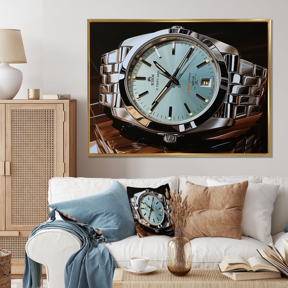 Designart "Silver Dawn Timepiece Luxury Watch II" Fashion Floater Framed Canvas Wall Art
