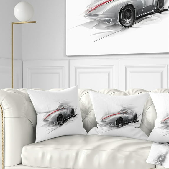 Designart Silver Formula One Car - Digital Art Car Throw Pillow - 18x18