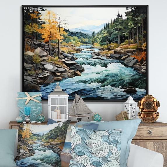 Designart "Silver Stream Coastal Creek painting I" Landscapes Floater Framed Wall Art Print