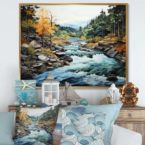 Designart "Silver Stream Coastal Creek painting I" Landscapes Floater Framed Wall Art Print
