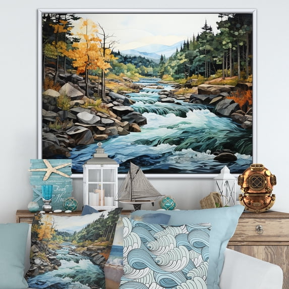 Designart "Silver Stream Coastal Creek painting I" Landscapes Floater Framed Wall Art Print