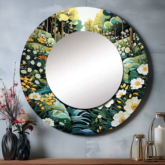 Designart "Silver Stream Coastal Creek painting III" Plants & Flowers Rund Mirror For Wall Decor - Large Multi-Color Round Printed Mirror - Coastal Round Mirror 29" x 29" Inch