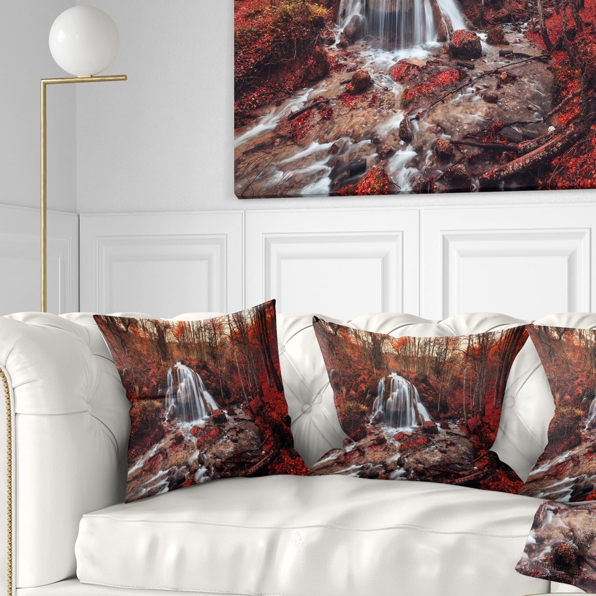 Designart Silver Stream Waterfall Close up - Landscape Photography Throw Pillow - 18x18