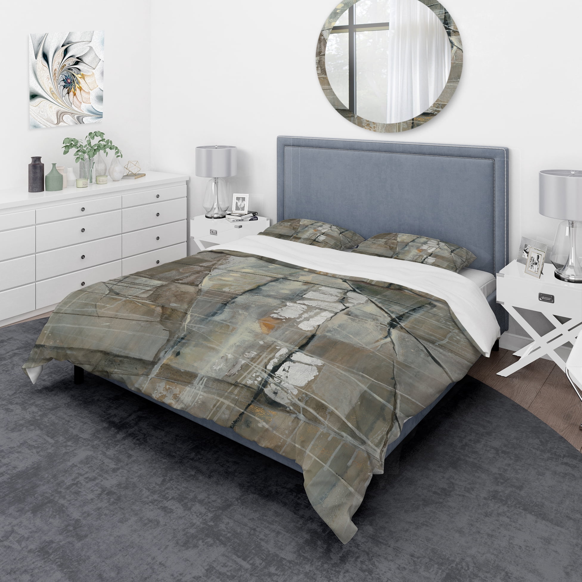 Designart 'Silver and Beige Abstract Waterpainting' Geometric Duvet Cover Set