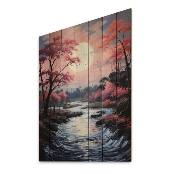Designart "Silvery Waters of a Pink River II" Landscape & Nature Print on Natural Pine Wood