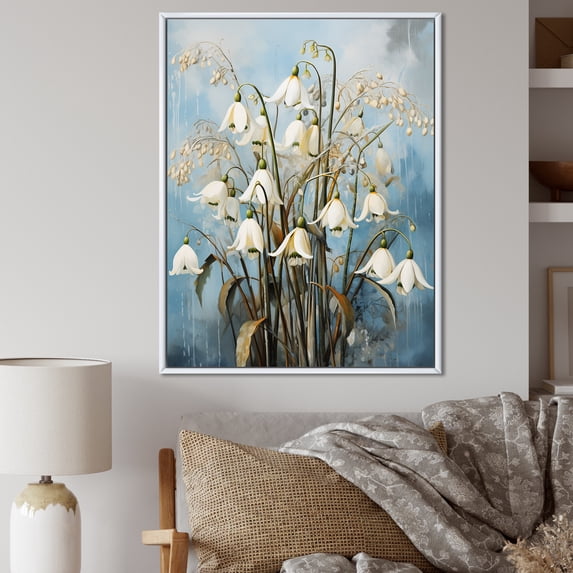 Designart "Simple Elegance In Blue And Gold I" Snowdrops Floater Framed Canvas Prints