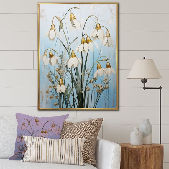 Designart "Simple Elegance In Blue And Gold V" Snowdrops Floater Framed Wall Art Living Room