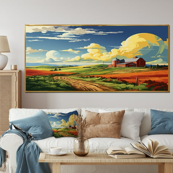 Designart "Simple Indiana Barns in the Countryside II" Extra Large Architecture Framed Wall Art - Farmhouse Orange Barns Entryway Framed Wall Art Print