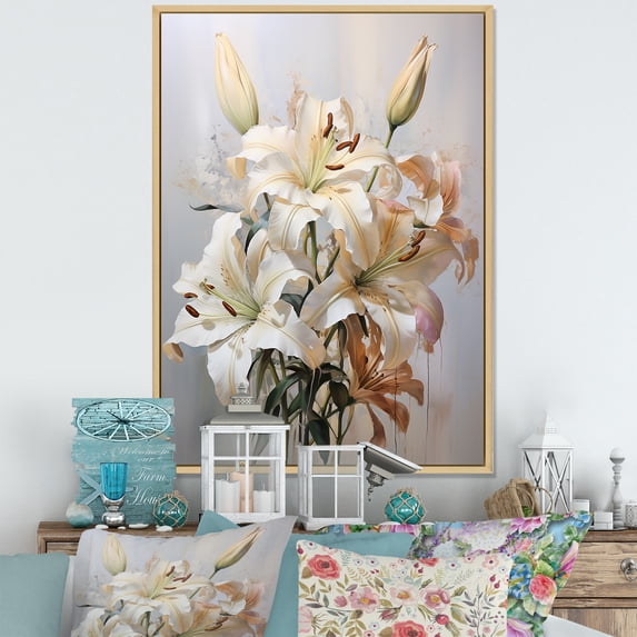 Designart "Simple Tranquility Of Beige Lilies VI" Lilies Floater Framed Canvas Wall Art