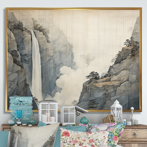 Designart "Simplicity Alongside The Beige And Grey Cliff Waterfall I" Waterfall Floater Framed Canvas Wall Art