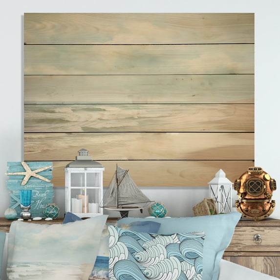 Designart "Simplicity Beach Landscape VI" Nautical & Beach Print on Natural Pine Wood