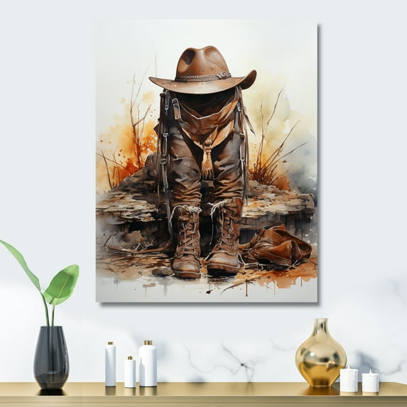 Designart "Simplicity Cowboy Hat And Boot I" Cowboys Metal Wall Art Prints