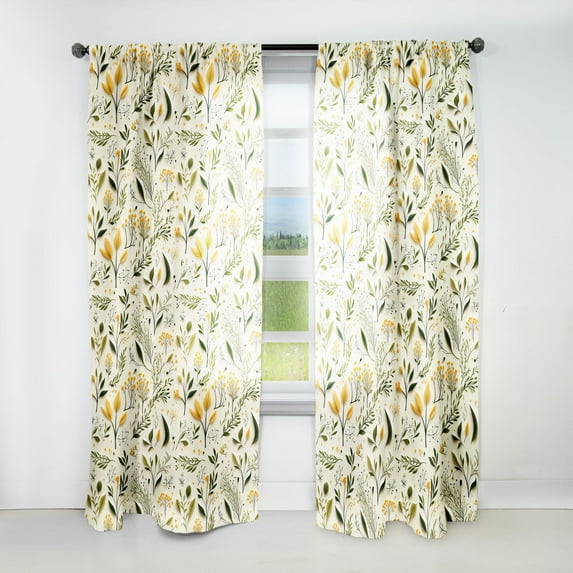 Designart "Simplicity In Yellow And Green Florals" Floral Room Darkening Curtain Single Panel