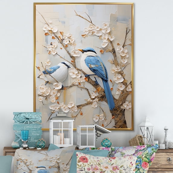 Designart "Simplified Exotic Birds Amid Cherry Blooms" Birds Of Paradise Floater Framed Wall Art Living Room
