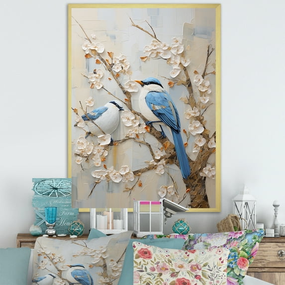 Designart "Simplified Exotic Birds Amid Cherry Blooms" Birds Of Paradise Picture Framed Wall Art Living Room