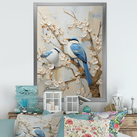 Designart "Simplified Exotic Birds Amid Cherry Blooms" Birds Of Paradise Picture Framed Wall Art Living Room