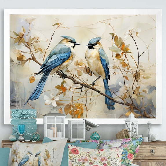 Designart "Simplified Exotic Birds Amid Cherry Blooms I" Birds Of Paradise Picture Framed Canvas Wall Art