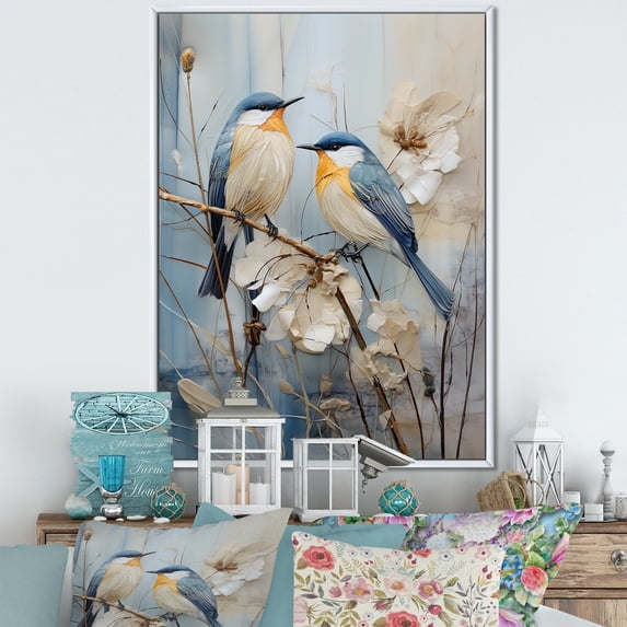 Designart "Simplified Exotic Birds Amid Cherry Blooms II" Birds Of Paradise Floater Framed Canvas Prints