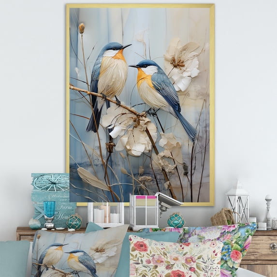 Designart "Simplified Exotic Birds Amid Cherry Blooms II" Birds Of Paradise Picture Framed Canvas Prints