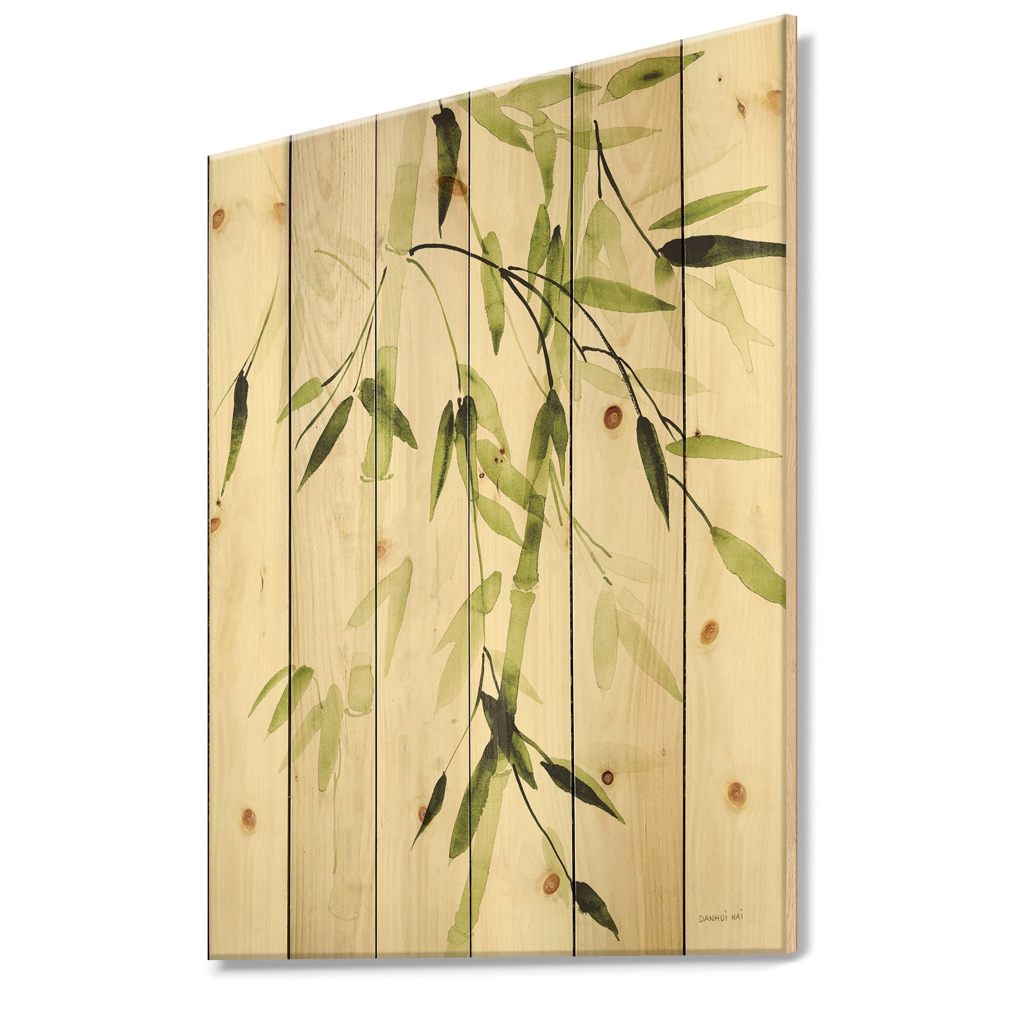 Designart 'Simplist Bamboo Leaves II' Lake House Print on Natural Pine Wood