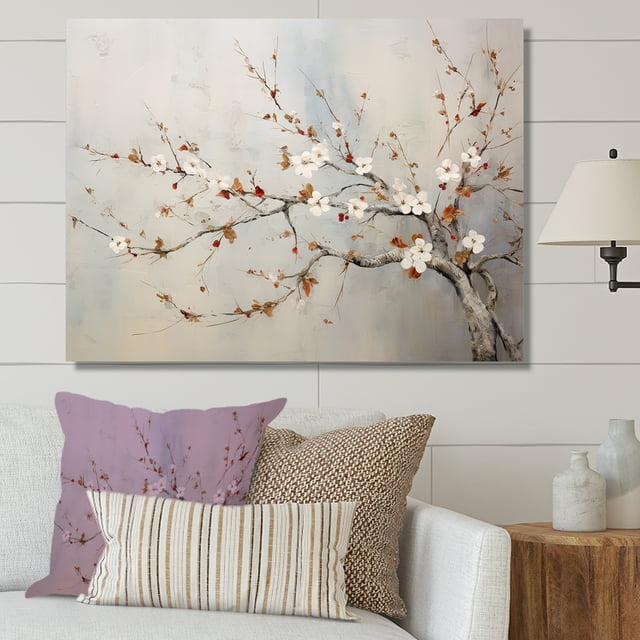 Designart "Simplistic Ash And Taupe Cherry Blossom" Cherry Blossom Wall Art Living Room ...