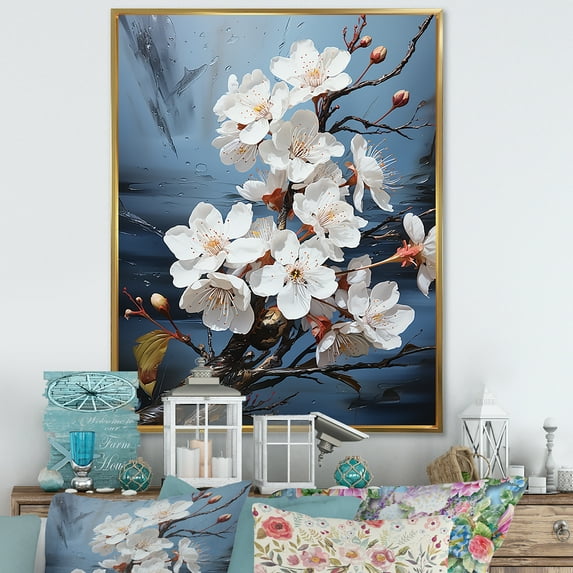 Designart "Simplistic Azure And Snow Cherry Blossom" Cherry Blossom Floater Framed Canvas Wall Art
