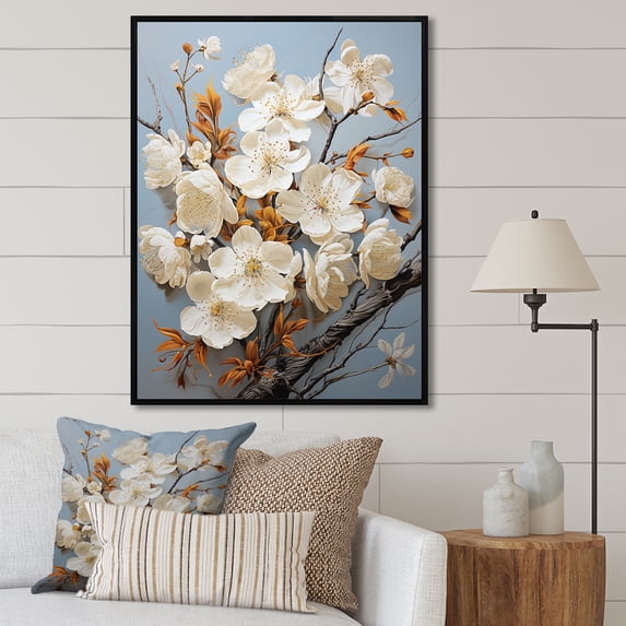 Designart "Simplistic Azure And Snow Cherry Blossom II" Cherry Blossom Floater Framed Wall Decor