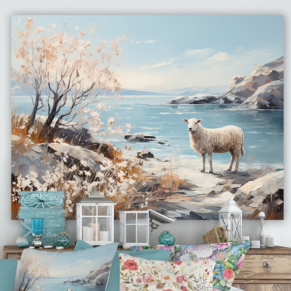 Designart "Simplistic Beachside Sheep" Sheep Canvas Art Print