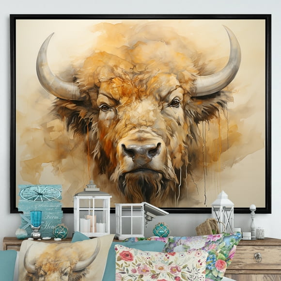 Designart "Simplistic Bison Head" Animals Bison Floater Framed Wall Art Living Room