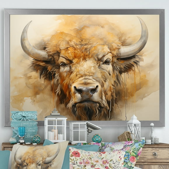 Designart "Simplistic Bison Head" Animals Bison Picture Framed Wall Art Living Room