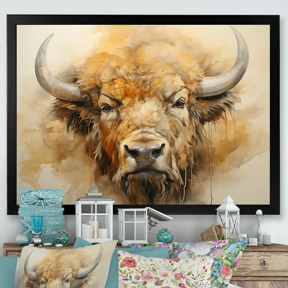 Designart "Simplistic Bison Head" Animals Bison Picture Framed Wall Art Living Room